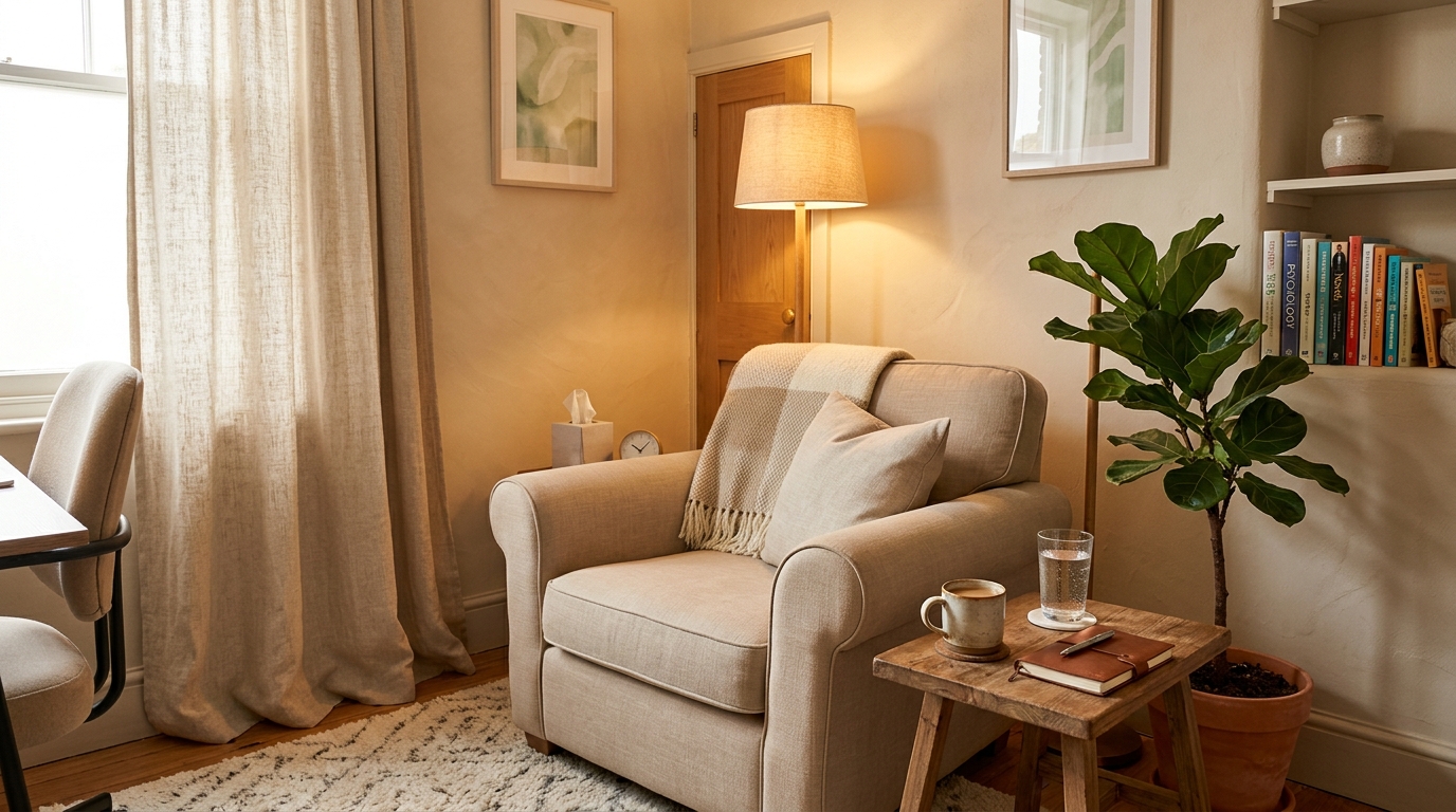Welcoming and private psychotherapy consultation office in Arlington MA