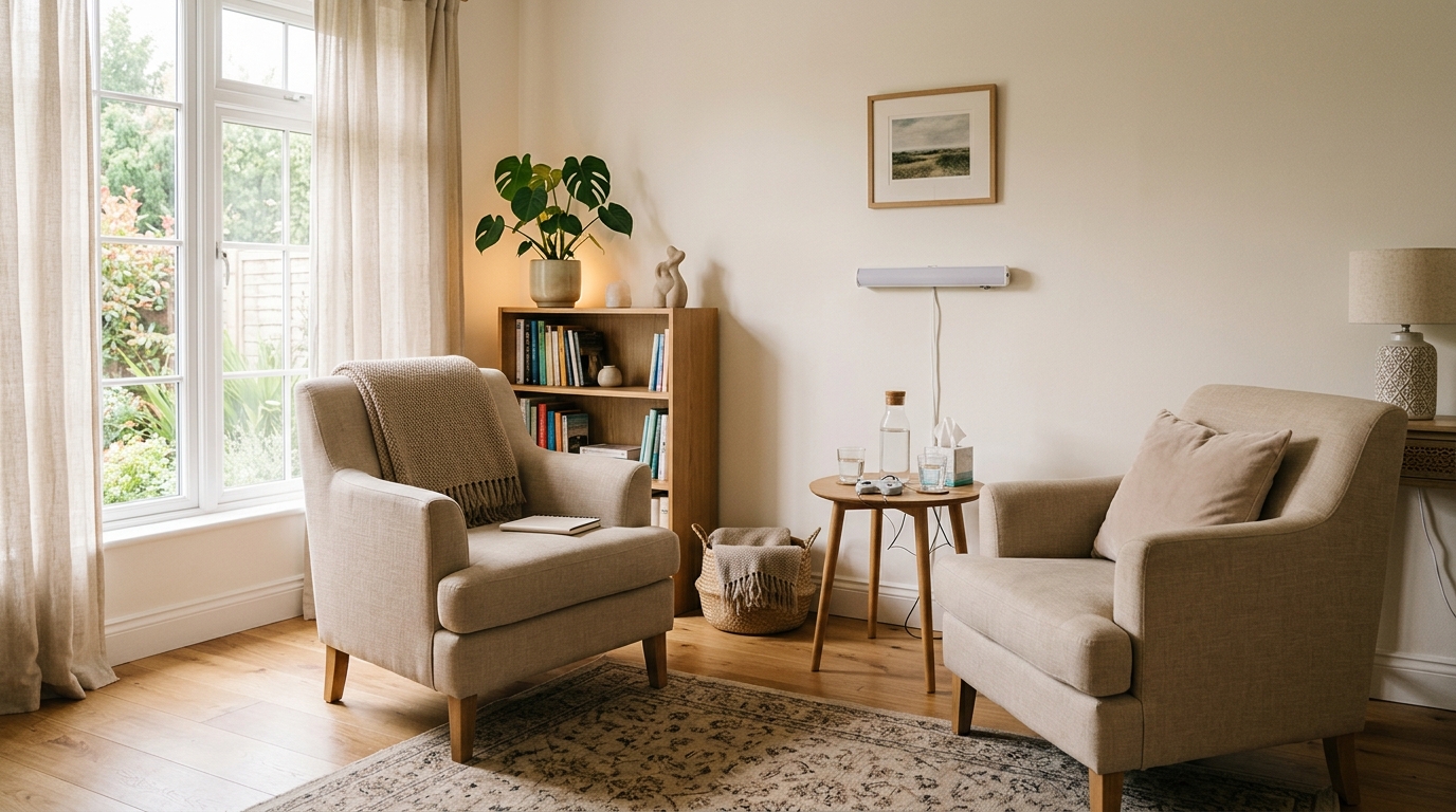 Tranquil psychotherapy room with comfortable seating arranged for EMDR sessions