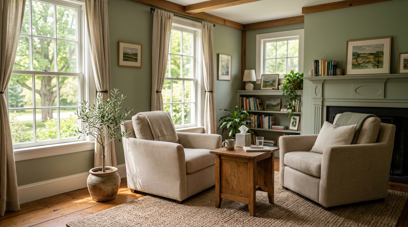 Warm, sunlit psychotherapy office in Arlington MA for EMDR therapy